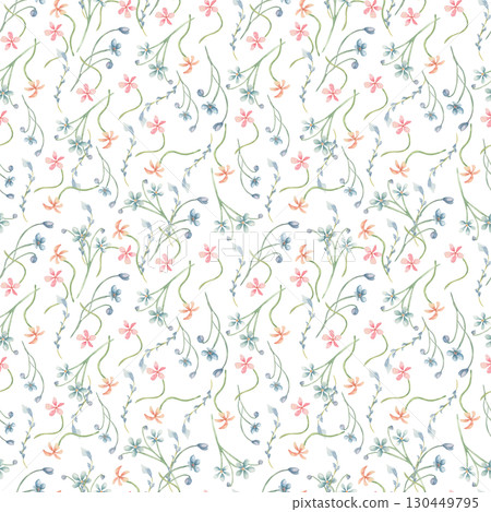 Watercolor floral Meadow seamless pattern isolated white. Ditsy print of mini wild flowers pink blue colors. Endless botanical design of small hand drawn flowers for kids textile. Abstracts blossoms. 130449795
