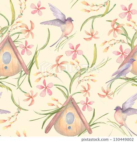 Soft watercolor seamless pattern meadow flowers, swallows and birdhouse in pastel tones. Hand painted print spring garden with delicate wildflowers. Floral avian repeat for kids textiles, wallpaper. 130449802