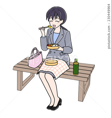 一位身穿西裝的辦公室女士坐在長椅上吃午餐（第一部分） 130449964