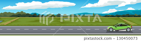 Travel of Electric vehicles green color with driving man. Asphalt road two lens with white line. Lanscape of green agricultural areas. Forest and mountain under blue sky and white clouds. for banner. Travel of Electric vehicles green color with driving man. Asphalt road two lens with white line. Lanscape of green agricultural areas. Forest and mountain under blue sky and white clouds. for banner. 130450073
