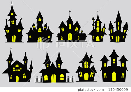 Spooky mansion vector material black silhouette design set 130450099