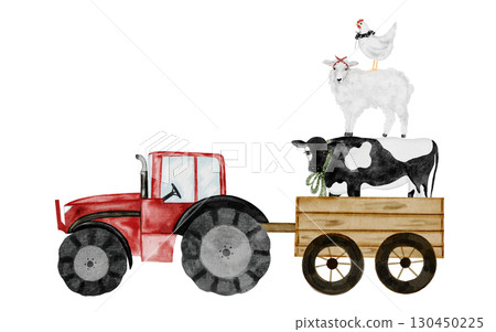Cute farm animal and tractor with a cart. Hand drawn red tractor with a pyramid of animals on isolated white background. Country style clip art. Ideal for educational cards and posters Cute farm animal and tractor with a cart. Hand drawn red tractor with a pyramid of animals on isolated white background. Country style clip art. Ideal for educational cards and posters 130450225