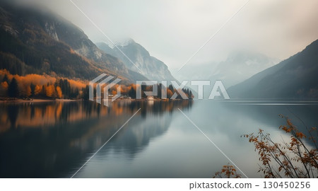 beautiful autumn landscape with lake 130450256