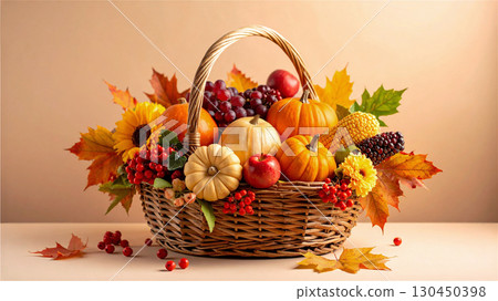 Thanksgiving vegetables and fruits in a basket 130450398