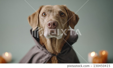 Elderly dog wearing halloween costume with candles in background Elderly dog wearing halloween costume with candles in background 130450415