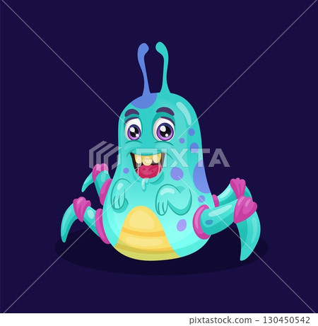 Halloween character. Funny monster, creepy childish nursery creature, alien scary mascot, colorful angry animal with teeth. Comic creation. Vector cartoon flat style isolated decorative illustration 130450542