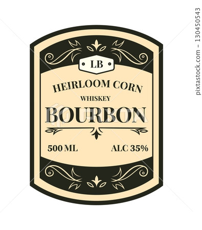 Bourbon label. Product sticker frame. Retro style emblem. Alcohol drink bottle isolated tag. Distillery old brand logo. Classic wine beverage symbol. Premium quality bar badge. Vector design template Bourbon label. Product sticker frame. Retro style emblem. Alcohol drink bottle isolated tag. Distillery old brand logo. Classic wine beverage symbol. Premium quality bar badge. Vector design template 130450543