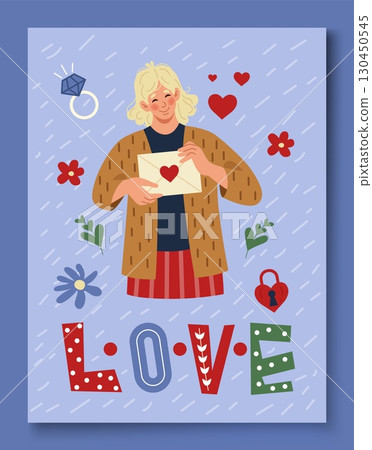 Love day card. Happy woman hold valentine day letter. Cute doodle flowers and leaves on background. Romance holiday girlfriend celebrating. Romantic gift. Vector cartoon flat isolated illustration 130450545