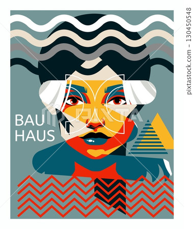 Art Bauhaus poster. Woman portrait abstract design. Creative female face. Geometric line shapes. Flat line zigzags and minimalist triangles collage. Exhibition brochure. Vector trendy graphic card 130450548