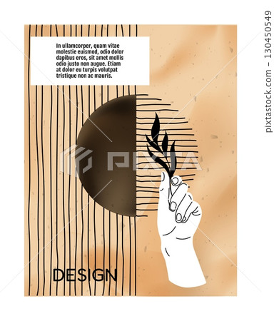 Art poster. Abstract shapes. Outline drawing hand holding plant leaves. Floral branch. Parallel line figures. Flat circle form. Contemporary collage. Sculpture arm. Vector creative minimalistic banner 130450549