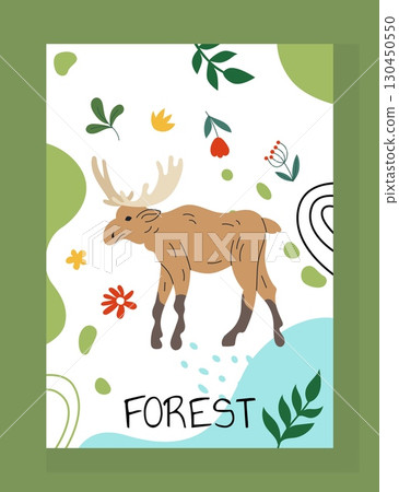 Elk forest animal. Wild deer. Wildlife fauna poster, notebook cover, nursery decor. Card design. Tree leaves and flowers on background. Summer woodland. Vector cartoon flat style isolated illustration 130450550