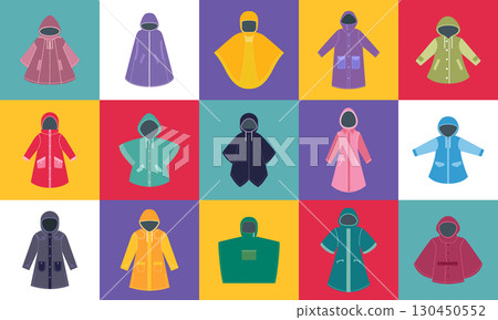 Raincoat icon. Logo of colorful waterproof coats. Rain, wind protection. Autumn clothing , spring fashion. Sign outerwear for men, women. Vector fall design cartoon flat style isolated illustration Raincoat icon. Logo of colorful waterproof coats. Rain, wind protection. Autumn clothing , spring fashion. Sign outerwear for men, women. Vector fall design cartoon flat style isolated illustration 130450552