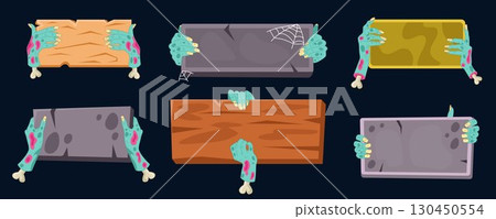 Zombie hands. Halloween cartoon board. Monster holding banners. Corpse arms with signboard. Dead limbs showing blank placard. Presentation plank with tombstone. Wooden or stone tablets vector tidy set 130450554