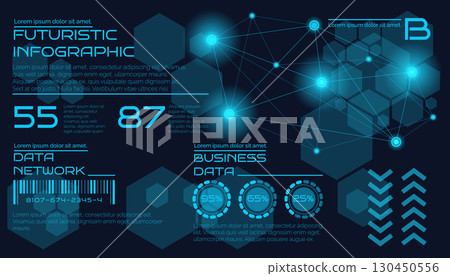 Big data visual. Futuristic infographic. Cyber technology software HUD design. Polygon data network. Science code infographic. Analytic diagram. Business information. Vector geometric garish icons set 130450556