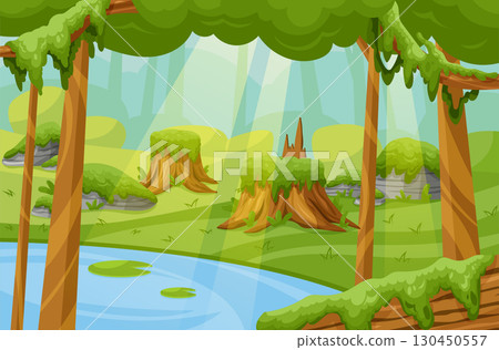 Cartoon moss background. Lichen landscape for game. Vegetation green. Magical wetland swamp. Sunlight rays. Wood stump. Mossy trees. Textured bog organic plants. Vector forest garish fantasy scenery 130450557