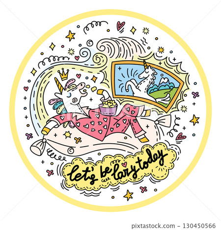Funny lazy unicorn watching TV vector colored doodle illustration 130450566