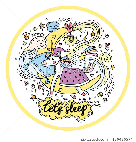 Dreaming unicorn sleeping on a moon colored vector doodle illustration 130450574