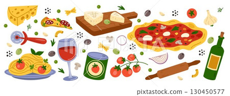 Italian food. Pasta and pizza icon. Traditional cuisine. Cartoon spaghetti with tomato sauce. Olive branch, cheese and wine, meal products. Classic restaurant Italy. Vector meal tidy illustration 130450577