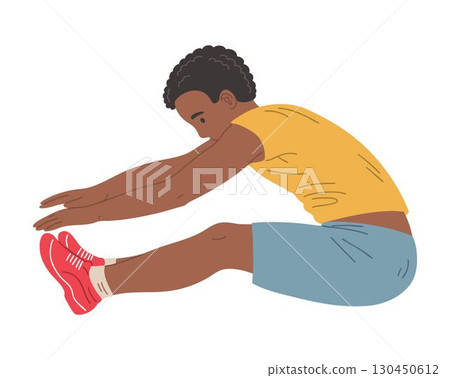 African American boy doing seated toe touch exercise 130450612