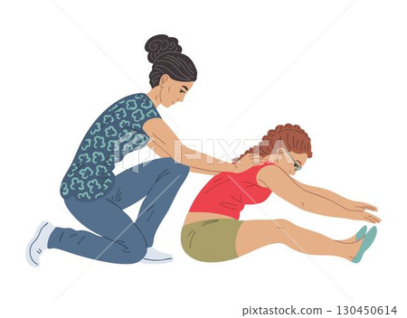 Girl assisted by physiotherapist during seated toe touch stretch Girl assisted by physiotherapist during seated toe touch stretch 130450614