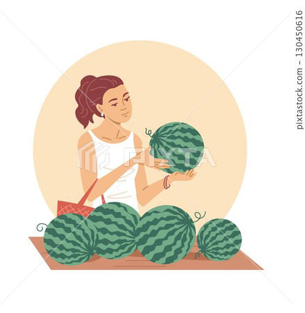 Young woman choosing watermelon at street market Young woman choosing watermelon at street market 130450616