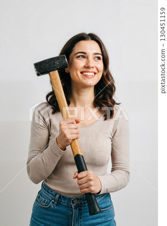 Joyful woman holding a sledgehammer against a plain background, empowerment Joyful woman holding a sledgehammer against a plain background, empowerment 130451159