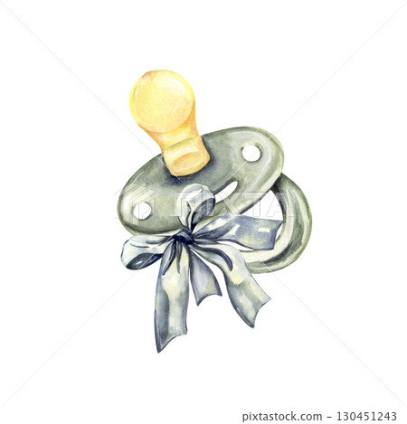 Watercolor pacifier with bow. cute monochrome nursery clipart for baby designs 130451243