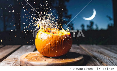 Halloween pumpkin exploding with sparks and glowing particles in dramatic night atmosphere under moonlight Halloween pumpkin exploding with sparks and glowing particles in dramatic night atmosphere under moonlight 130451256