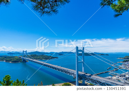 Kurashiki City, Okayama Prefecture: The Seto Ohashi Bridge seen from Mt. Washuu, Shimotsui Seto Ohashi Bridge 130451391