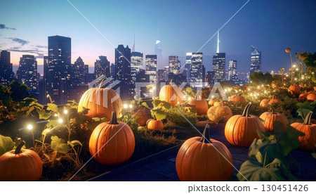Large number of glowing carved pumpkins on rooftop terrace with illuminated city skyline at night during Halloween festival Large number of glowing carved pumpkins on rooftop terrace with illuminated city skyline at night during Halloween festival 130451426