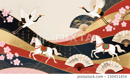 Crane and horse illustration for New Year's cards 130451854