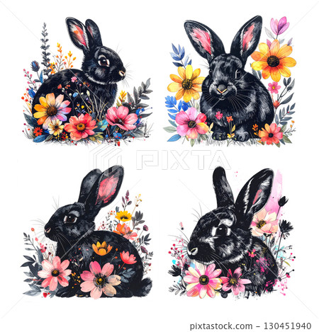 A collection of four illustrations of black rabbits, each surrounded by a bouquet of colorful flowers. 130451940