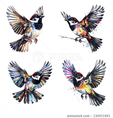 A set of four vibrant, mixed-media illustrations of sparrows in various flying and perched poses. Birds. 130451941