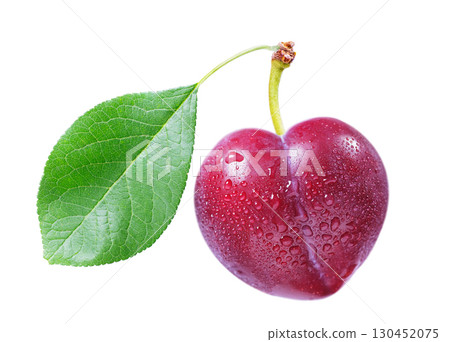 fresh ripe plum with leaf isolated on white background 130452075