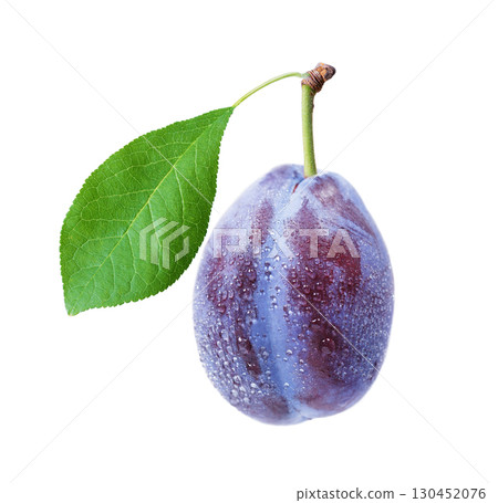 fresh ripe plum with leaf isolated on white background 130452076