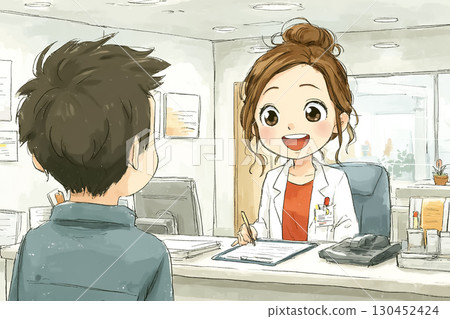 Miyu Series: A scene where a smiling female staff member at the hospital reception is politely treating a patient 130452424