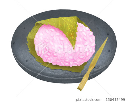 Sakuramochi illustration - with plate and bamboo skewers 130452499