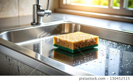 A sponge placed in a wet stainless steel sink - a feeling of everyday life 130452515
