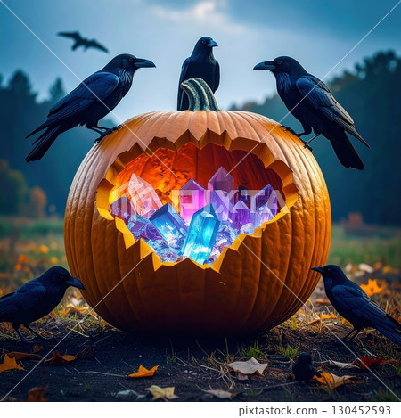 Vibrant glowing crystals inside a pumpkin guarded by ravens under cloudy twilight sky, magical haunted atmosphere 130452593