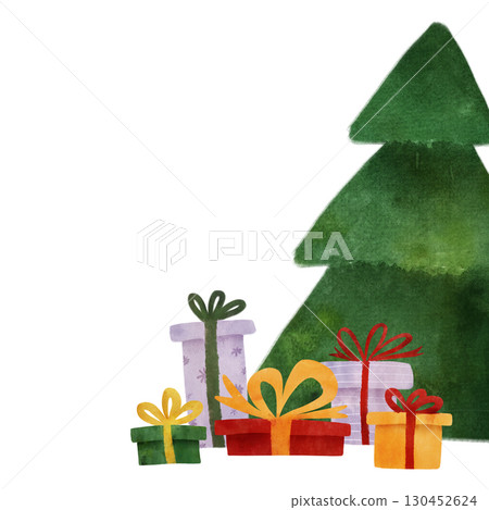 Charming watercolor Christmas tree with colorful wrapped gifts in red, green, gold, purple. Whimsical children's illustration for holidays, cards, invitations, decorations, kids books, crafts, clipart Charming watercolor Christmas tree with colorful wrapped gifts in red, green, gold, purple. Whimsical children's illustration for holidays, cards, invitations, decorations, kids books, crafts, clipart 130452624