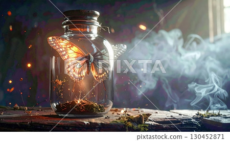 Enchanted bottle containing swirling dark smoke with bats and glowing energy, mysterious haunted Halloween object 130452871
