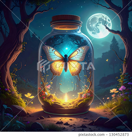 Magical glowing butterfly trapped inside enchanted jar shining with golden light in mysterious night forest under the moon 130452873