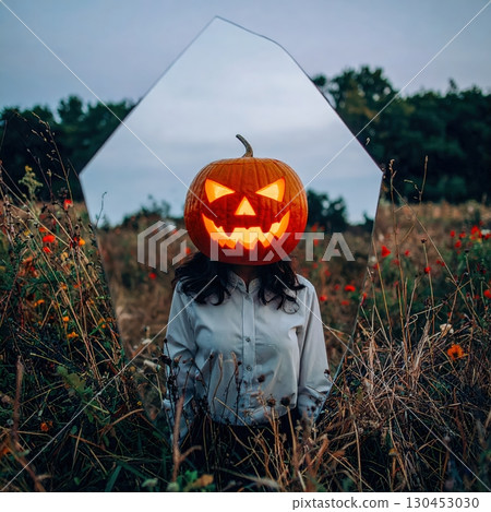 Creepy figure with pumpkin head wearing white cloth in autumn field holding mirror under dark Halloween sky Creepy figure with pumpkin head wearing white cloth in autumn field holding mirror under dark Halloween sky 130453030