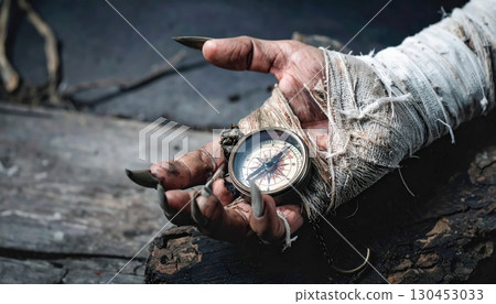 Creepy wrapped hand with sharp nails holding compass lying on ground with sinister Halloween aura Creepy wrapped hand with sharp nails holding compass lying on ground with sinister Halloween aura 130453033