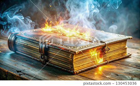 Glowing enchanted book with smoke rising from fiery pages placed on wooden surface in spooky scene Glowing enchanted book with smoke rising from fiery pages placed on wooden surface in spooky scene 130453036