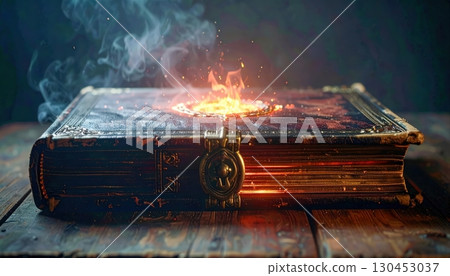 Mysterious cursed book with glowing red fire and rising smoke on table symbolizing haunted Halloween magic Mysterious cursed book with glowing red fire and rising smoke on table symbolizing haunted Halloween magic 130453037