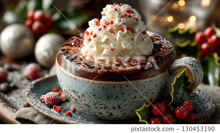 Creamy hot cocoa topped with whipped cream and red sprinkles, surrounded by festive decorations 130453190