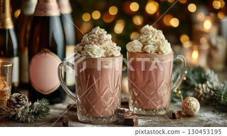 Festive hot cocoa mugs with whipped cream beside champagne bottles and glowing fairy lights 130453195
