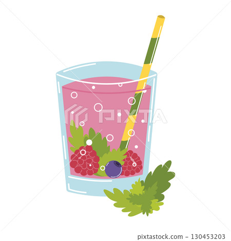 Kombucha drink in glass with straw, mint, raspberry and blueberry in flat cartoon style. 130453203