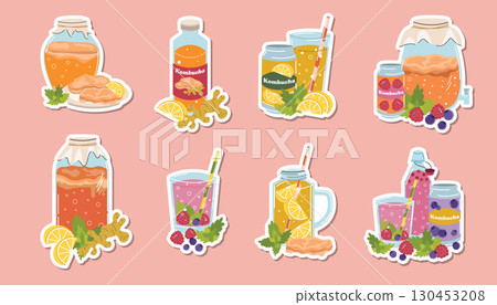 Kombucha compositions stickers set in flat cartoon style with bottles, jar, glasses and cans. 130453208